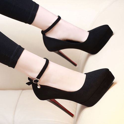 一字扣高跟鞋12cm单鞋女性感细跟绒面防水台少女尖头鞋黑色职业鞋