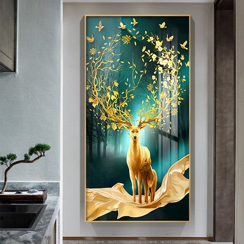 轻奢入户玄关装饰画竖版走廊尽头挂画欧式发财鹿高端大气过道壁画