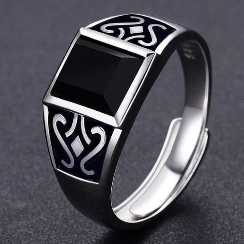 镀s925银戒指男潮黑曜石霸气指环复古图腾开口可调节单身戒送男生