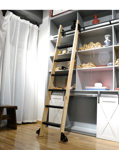 书架移动梯子 实木滑道梯移动轨道梯书架图书馆家用爬梯可室内阁楼