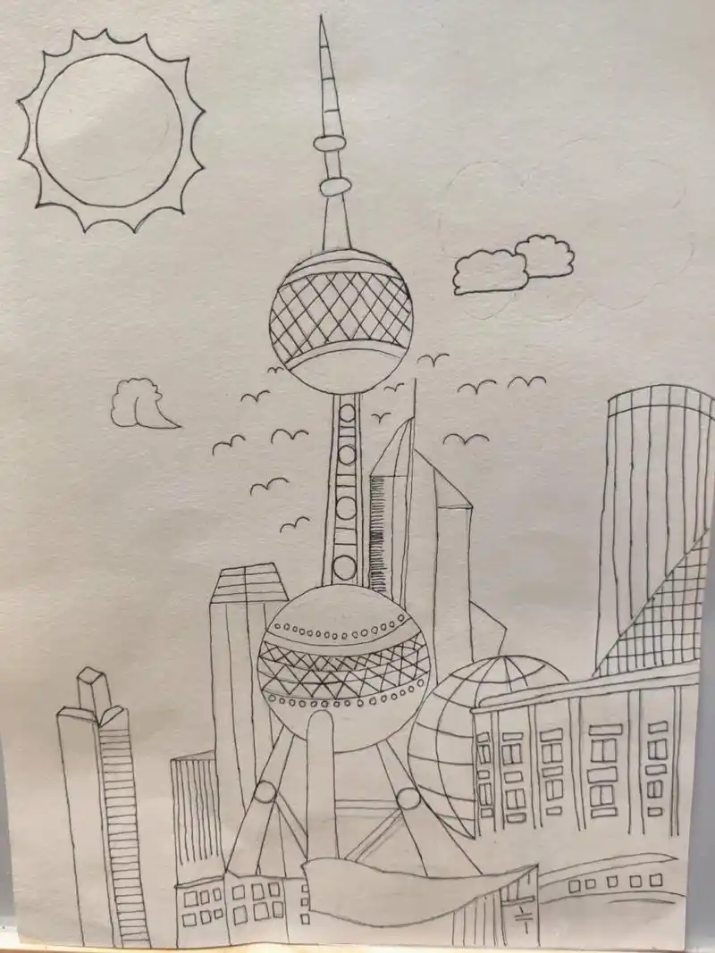 今日简笔画96~上海东方明珠.