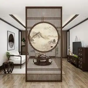 新中式别墅屏风隔断墙客厅入户玄关进门遮挡卧室格栅实木镂空装饰