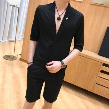 新款春季夜场男装潮男套装夜店时尚九分短裤潮流帅气男模衣服个性工装