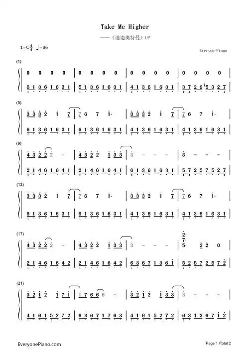 take me higher-迪迦奥特曼主题曲-钢琴谱文件(五线谱,双手简谱,数字