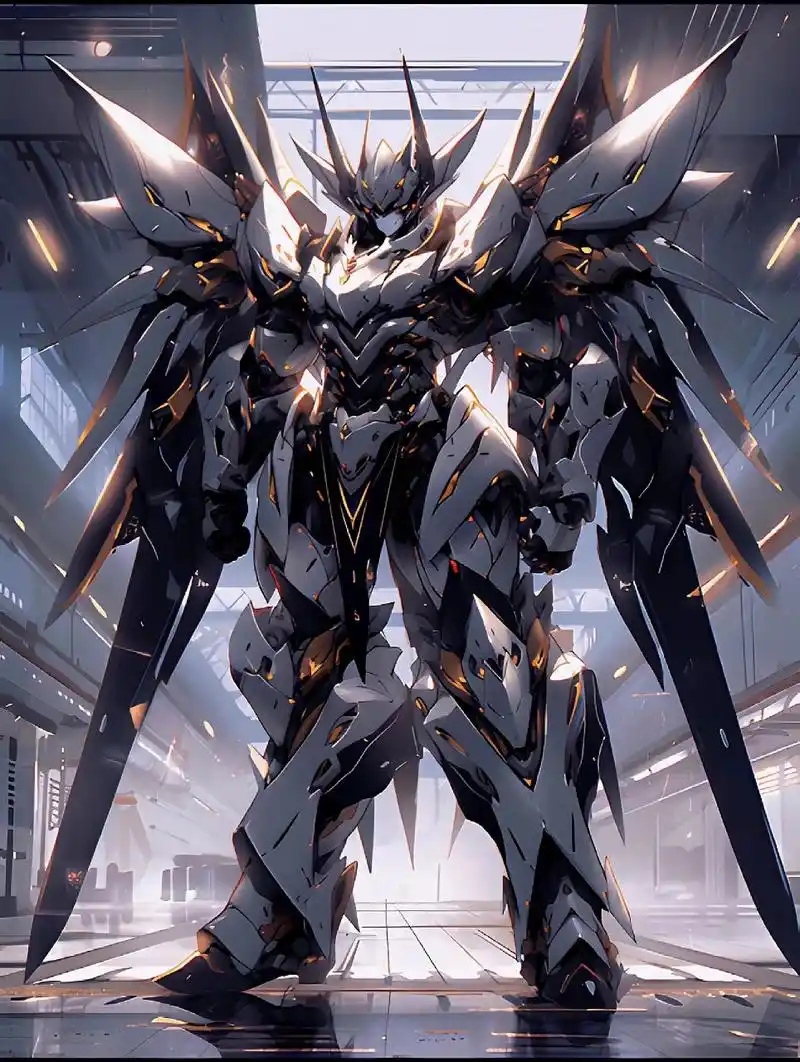 一组ai生成的机甲插画作品,金色与白色相间的外甲,华丽而帅气.