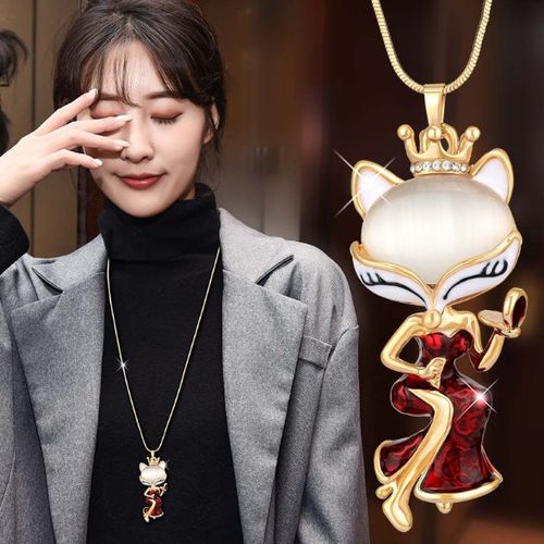 欧美妖娆装扮猫眼石可爱红裙小狐狸女时尚长款毛衣链个性时尚项链