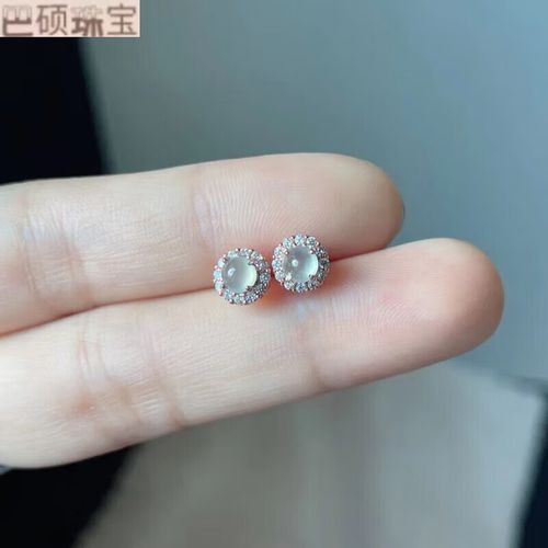 誉尚荣缅甸a货翡翠耳钉女小蛋面白冰种玉石耳饰925镀金镶嵌