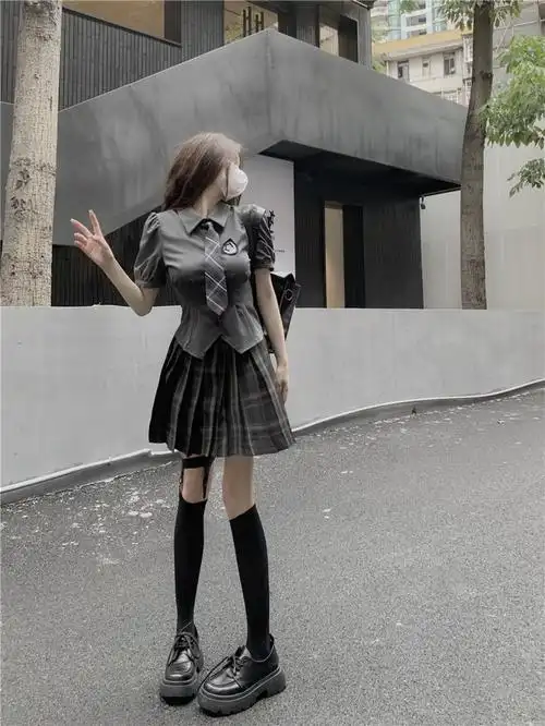实拍 暗黑jk收腰衬衫配领带 格纹百褶裙 - 17网