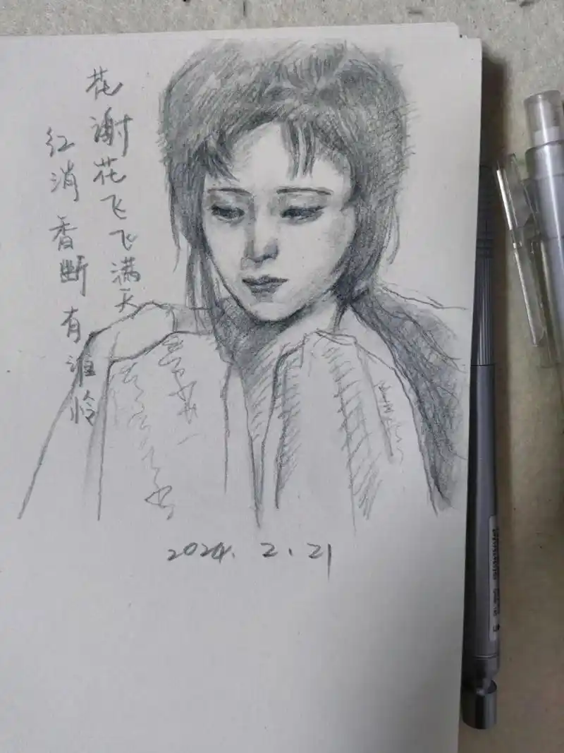 "只落得一弯冷月葬诗魂"#手绘 #铅笔稿 #速写人物 #林黛 - 抖音