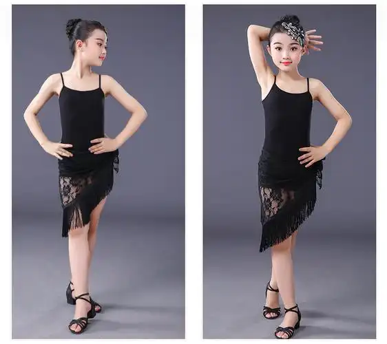 拉丁舞服儿童蕾丝女流苏三角巾舞裙少儿练功女大童臀巾演出服 蓝色