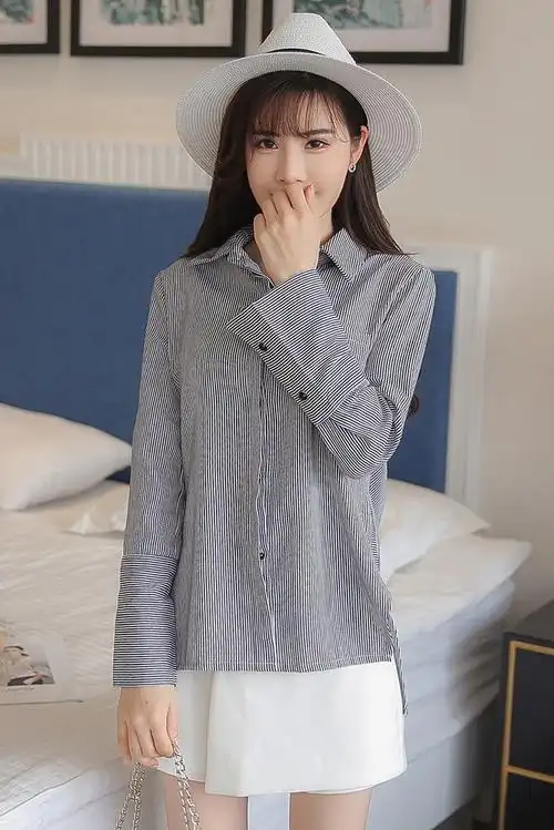 zk长袖蓝白色竖条纹衬衫女保暖打底衬衣秋冬韩范潮洋气2018春装bc