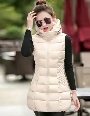 新款秋冬韩版中长款棉马甲女修身女士加厚马夹连帽坎肩潮 901米色 3xl