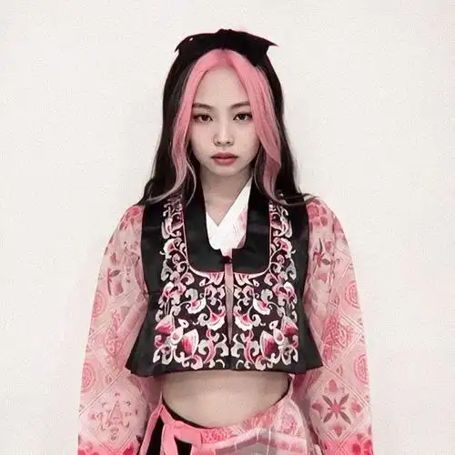 明星美照金智妮黑色和粉红色两色调发型