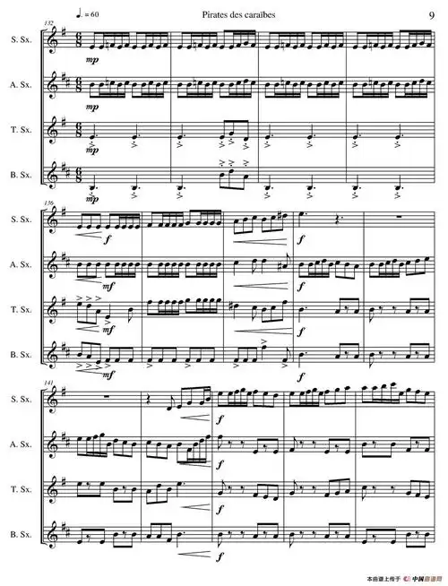 加勒比海盗萨克斯谱(四重奏) 器乐乐谱