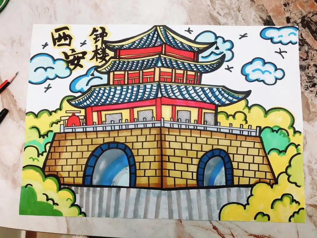 古风建筑西安钟楼儿童画,手抄报#西安儿童画# #古建筑绘画# #手抄报