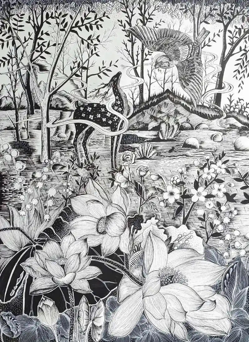 呦呦鹿鸣.黑白装饰画#黑白线描画 #作品分享 - 抖音