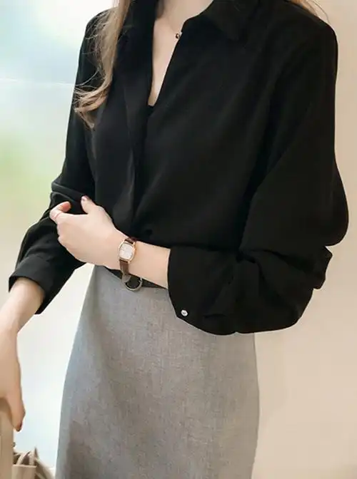 春夏新款韩版气质宽松衬衣女百搭简约上衣长袖纯色翻领雪纺衬衫女