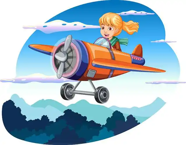 快乐的女孩在天空中乘坐飞机图片下载