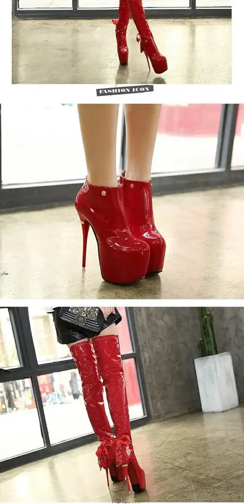 冬季过膝高筒靴夜店防水台漆皮16cm超高跟鞋细跟女靴性感柳钉长靴