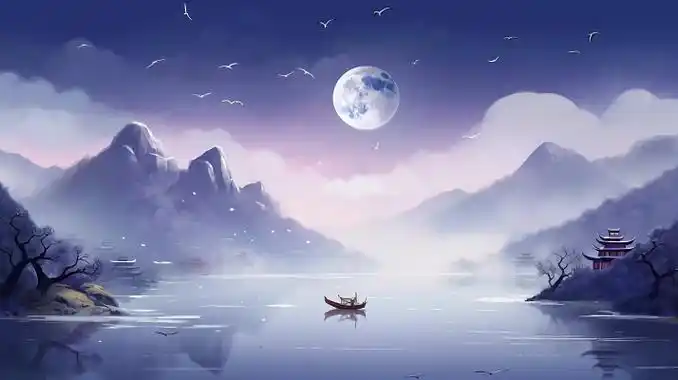 国风古风水墨山水治愈唯美满月插画壁纸月亮唯美夜晚蓝色山水风景