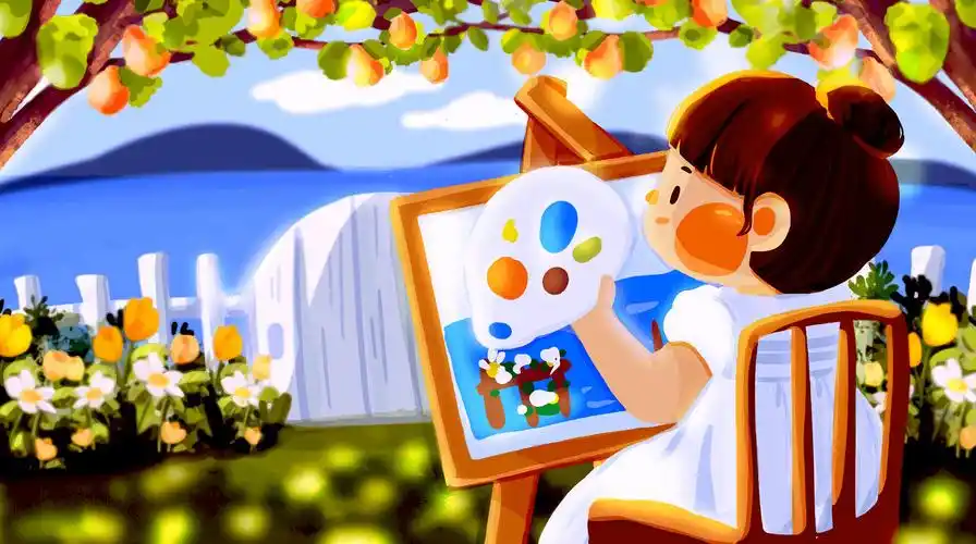 在海边院子里果树下穿着白裙子画画的女孩