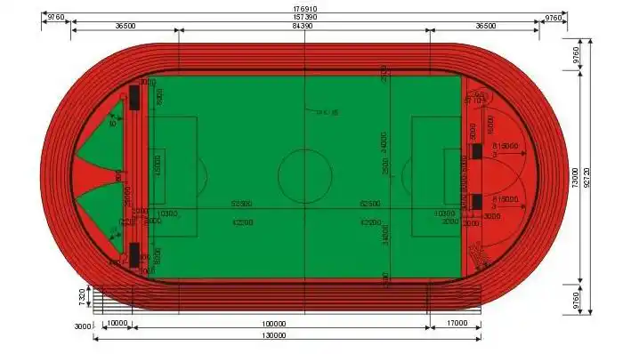 标准田径跑道平面图:本产品耐磨性能好,有优异的耐候性和抗化学腐蚀性