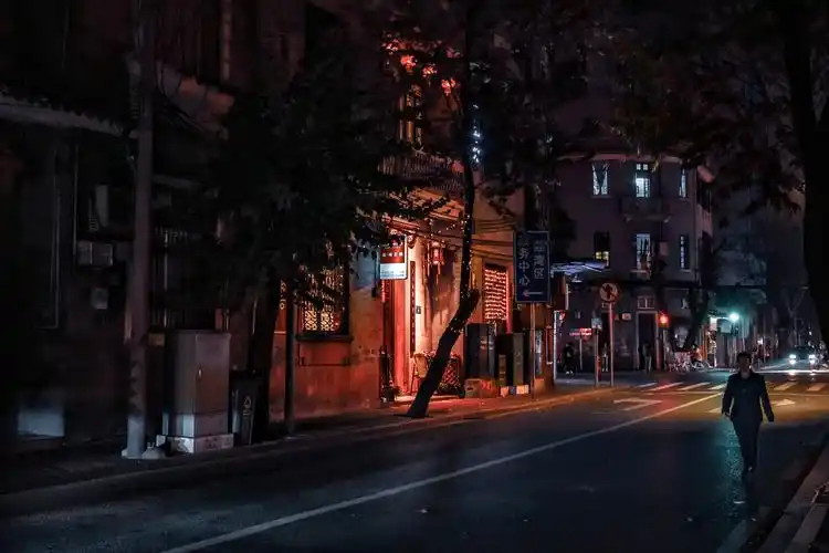 路灯昏暗,车辆行人较少,更谈不上霓虹闪烁,商店透射出来的灯光,给人以