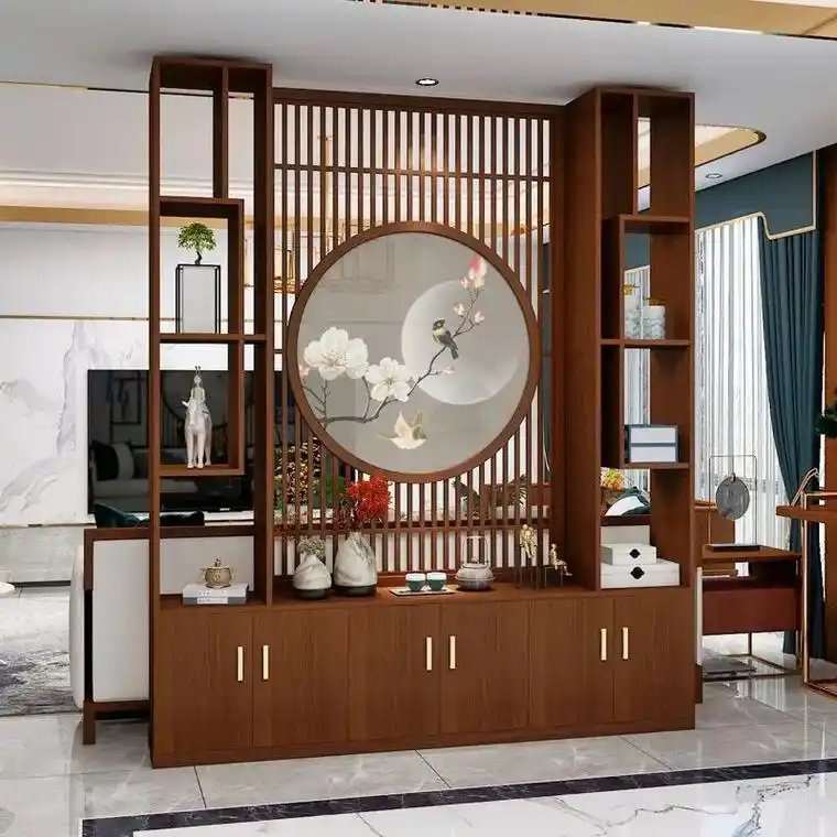 新中式屏风隔断玄关柜高档客厅隔断柜靠墙格栅实木镂空花格电视柜 -