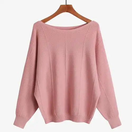 跨境外贸新品宽松大码女毛衣一字领加肥长袖蝙蝠衫套头针织衫上衣