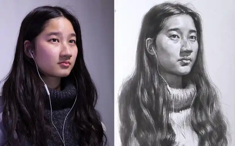高级素描头像四分之三侧长发女青年北京华艺名画室