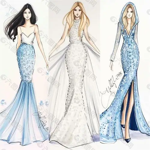 三款长裙礼服设计图