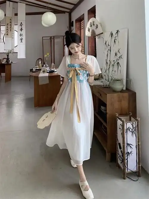 新中式轻国风改良版汉服连衣裙仙女超仙气夏季茶歇法式长裙小个子