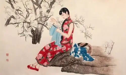 王美芳刺绣少女镜片