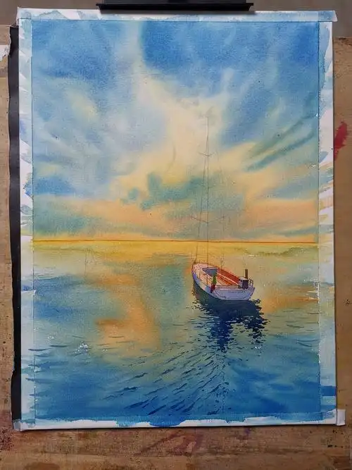 水彩作品《一个人的日落》绘画过程图