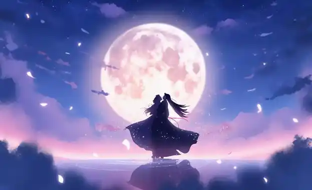 牛郎织女月下相会的剪影唯美古风手绘插画梦幻场景海报中国古代神话