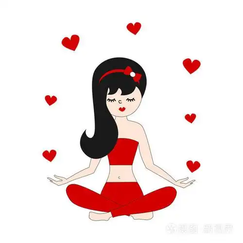 可爱的卡通矢量插图与年轻女孩练习瑜伽在莲花位置