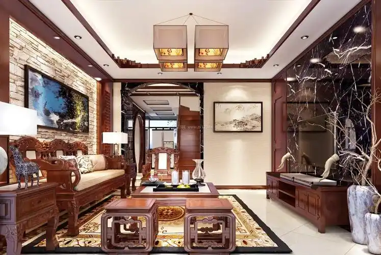 2022别墅客厅装修复古中式风格_装信通网效果图