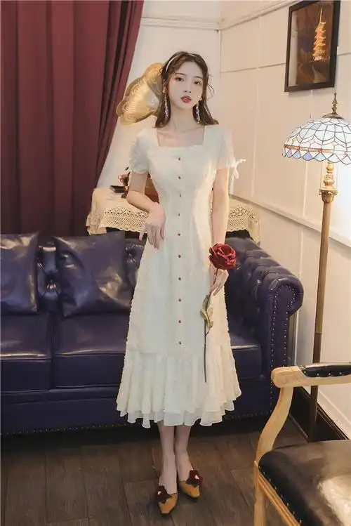 复古森系长裙甜美温柔风减龄仙女仙梗桔裙初恋连衣裙海边度假鱼尾裙