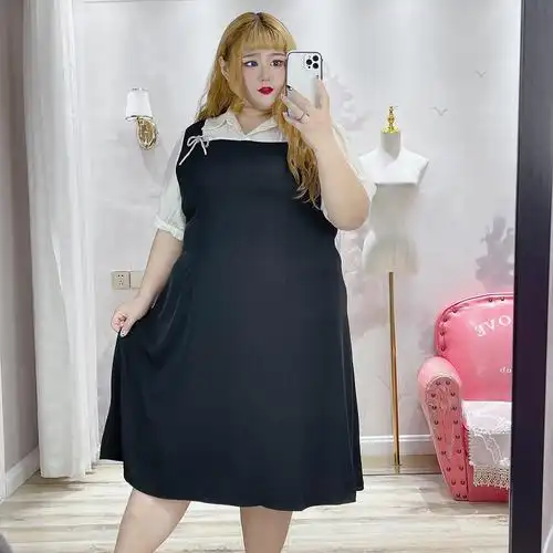 肉嘟莹莹大码女装胖妹260斤甜美蝴蝶结撞色清新连衣裙