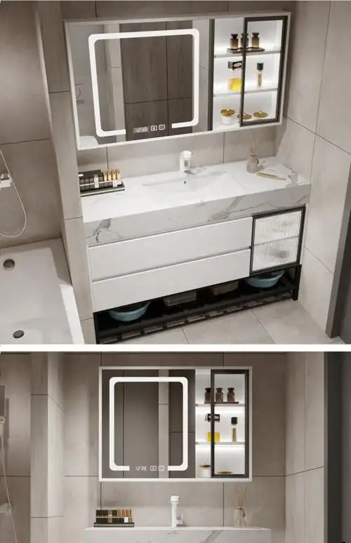 轻奢智能小熊镜子浴室柜组合网红款玻璃门洗手洗脸盆柜岩板洗漱台120