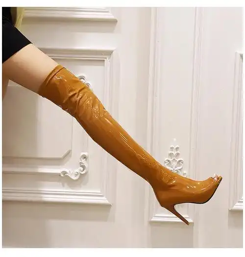 鱼嘴漆皮过膝长靴性感靴子女夏夜店超高跟长筒靴钢管舞高跟鞋大码