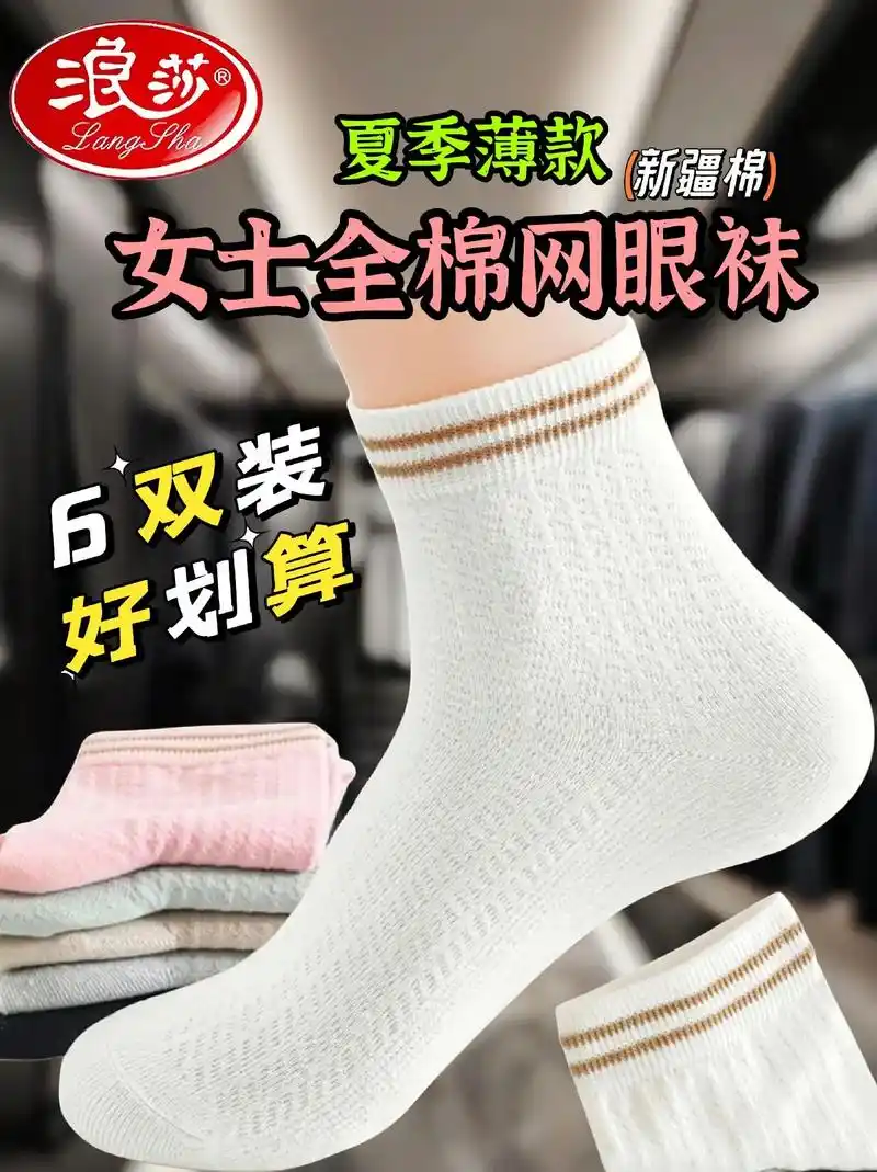 浪莎女士全棉薄款网眼袜