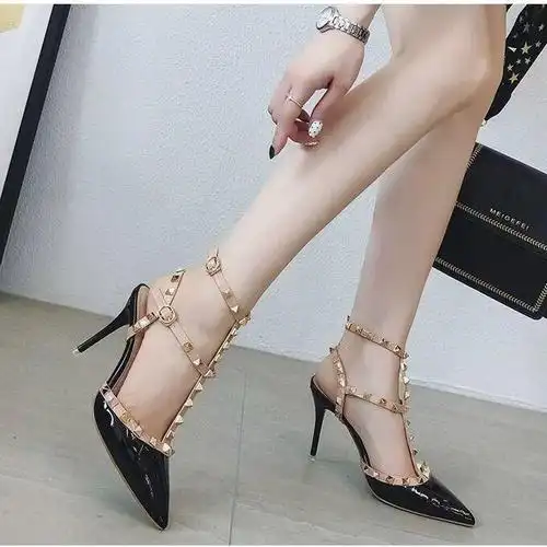 高跟鞋女细跟凉鞋欧美性感铆钉包头单鞋一字扣绑带尖头超高跟女鞋
