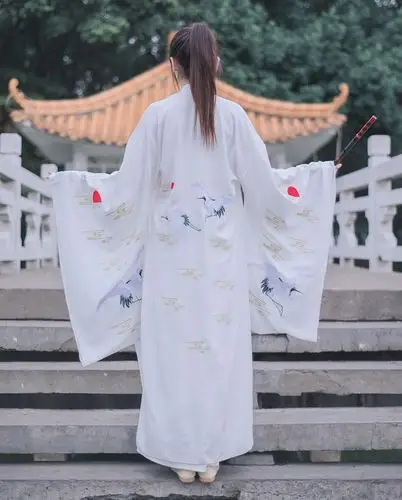 包邮 古风交领 白色绣花仙鹤大袖衫cosplay男女服装演出服