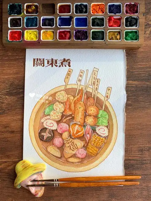 钢笔淡彩水彩美食手绘插画关东煮附线稿
