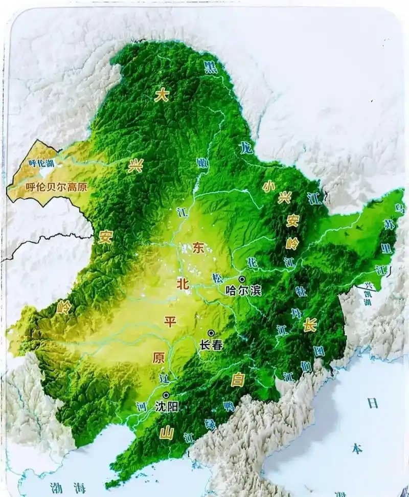 东北最清晰地形图和河流分布图: 三面环山,沃野千里,全国最大的平原