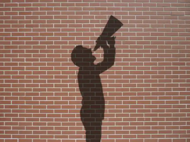 墙壁上拿着扩音器呐喊的影子