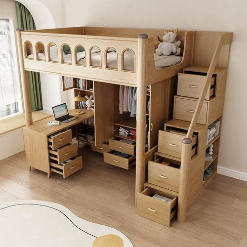 实木上床下桌儿童床书桌一体高低床带书桌衣柜小户型上下铺木床