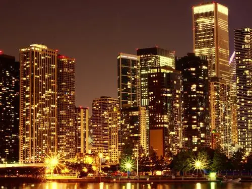 美国,城市夜景,摩天大楼,建筑物,灯,照明 壁纸