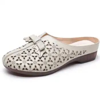 半包头拖鞋女真皮单鞋包头外穿懒人牛筋软底中年妈妈凉鞋米色2166235